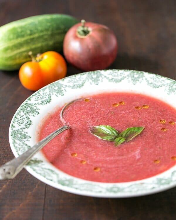 Watermelon Gazpacho Soup in vintage china bowl. Farm fresh local summer side dish.