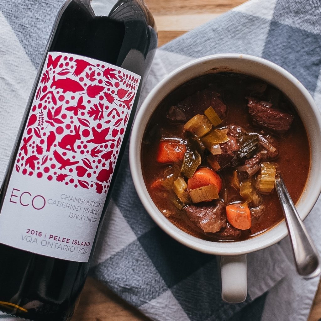 Pelee Island Winery ECO Red VQA Ontario Chambourcin - Cabernet Franc - Baco Noir paired with a cup of beef vegetable stew from West Side Beef. 