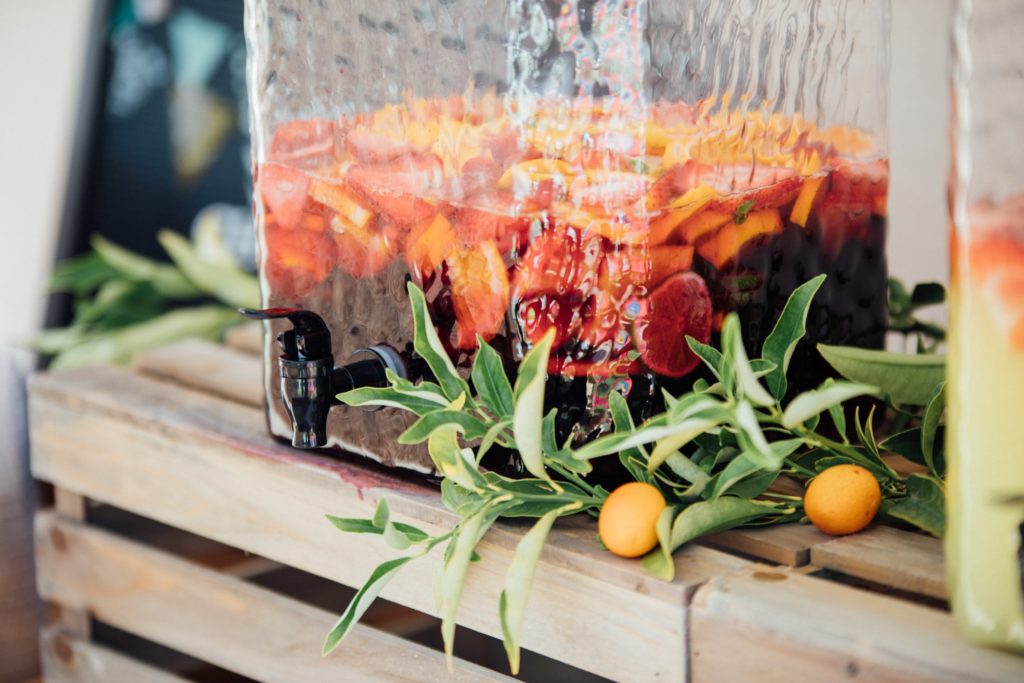 A glass cooler filled with Pelee Island Winery VQA red wine sangria.